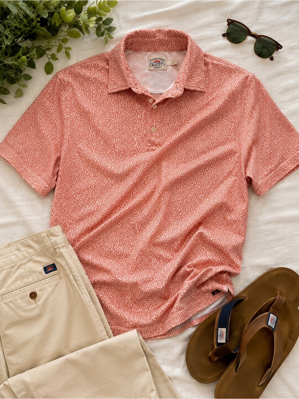 Faherty Brand Men’s Cotton Printed Polo Shirt Pink White Short Sleeve Size Large